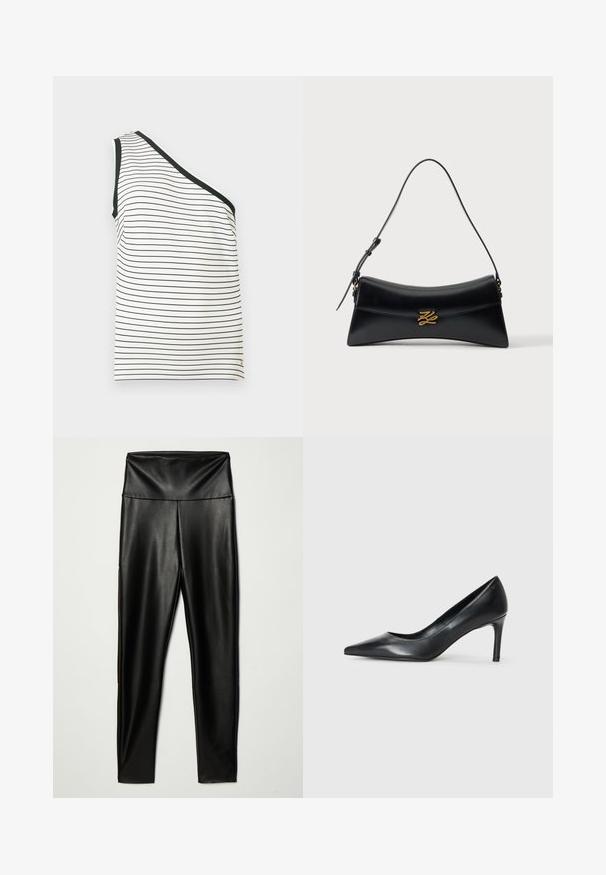 Witte off-shoulder top met dunne zwarte horizontale strepen en zwarte biezen langs de halslijn en armsgat.; Zwarte nepleer legging met een hoge tailleband, met een gladde textuur en een aansluitende pasvorm, die tot de enkels reikt.; Zwarte leren pump met spitse neus en een slanke hak, gladde textuur en geen zichtbare versieringen. Schoon ontwerp met een minimalistische esthetiek.; Zwarte leren handtas met gebogen trapeziumvorm, bovenhandvat en gouden decoratieve gesp op de voorflap tegen een witte achtergrond.