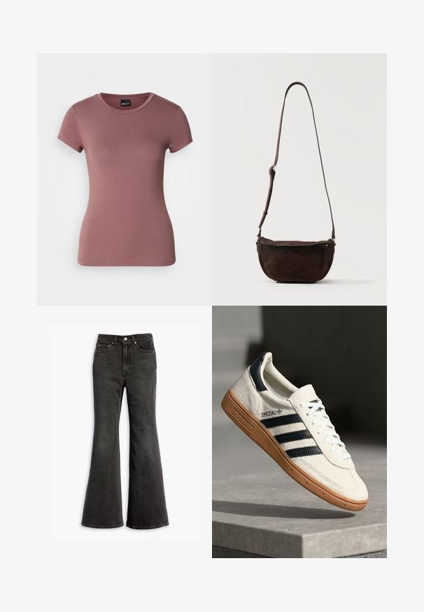 Korte mouwen, getailleerd T-shirt in rozenkleur van zachte, rekbare stof. Heeft een ronde halslijn en een gladde textuur zonder versieringen.; Zwarte high-waisted denim jeans met een flared leg, vijf-pocket ontwerp en koperen klinknagels.; Witte suède sneakers met marineblauwe strepen, rubberen gumzool, gestructureerde bovenkant, ronde neus en veters; heeft branding aan de zijkant en op de tong.; Donkerbruine suède crossbodytas met een verstelbare riem en een ritsvak aan de voorkant, staand tegen een effen lichte achtergrond.