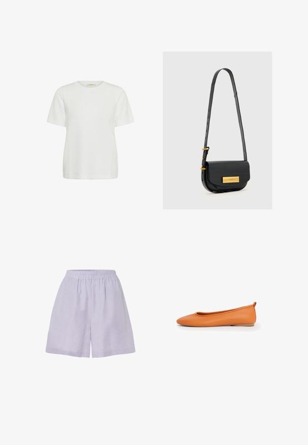 Schlichtes weißes T-Shirt mit kurzen Ärmeln und Rundhalsausschnitt, geradem Saum und ohne sichtbare Logos oder Designs, abgebildet auf weißem Hintergrund.; Helle lavendelfarbene Shorts aus weichem Stoff mit elastischem Bund und lockerer Passform, ausgestattet mit einem schlichten, unauffälligen Design.; Orangefarbener flacher Ballettschuh aus Leder mit abgerundeter Spitze, niedrigem Absatz und Zuglasche an der Ferse, seitlich vor weißem Hintergrund dargestellt.; Schwarze Umhängetasche aus krokogeprägtem Leder mit rechteckiger Form, goldfarbenen Beschlägen und verstellbarem Riemen mit mehreren Löchern.