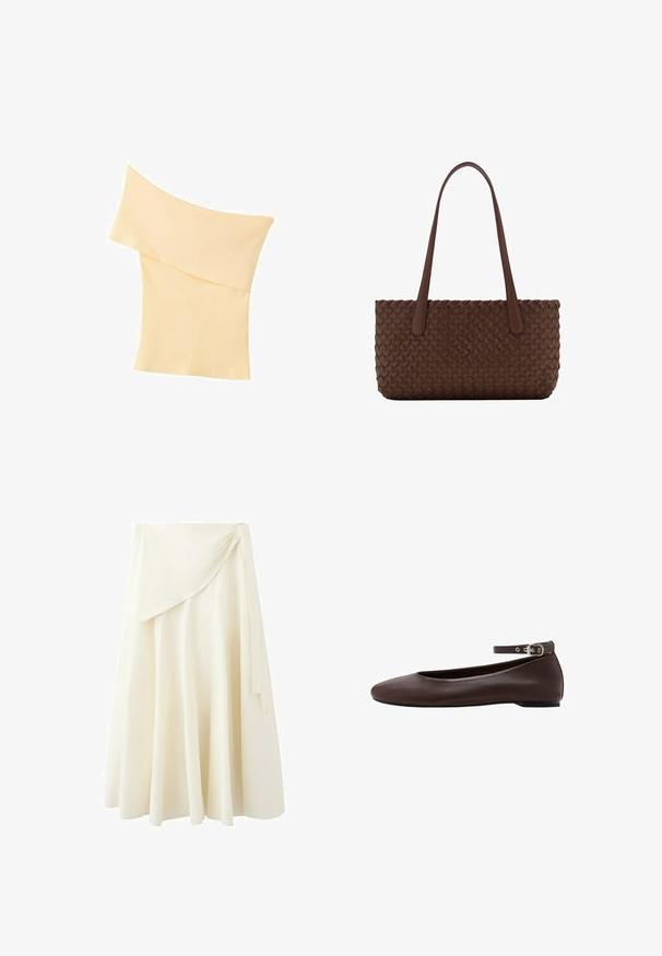 Haut en tricot côtelé couleur crème, à épaules dénudées, avec un large col plié et une coupe ajustée.; Jupe midi couleur crème avec design portefeuille et plis doux, confectionnée dans un tissu léger.; Chaussure plate marron foncé avec bout arrondi et bride de cheville réglable avec boucle argentée sur fond blanc.; Sac à main en cuir marron avec un motif tissé, avec deux longues anses fines pour un port à l'épaule.