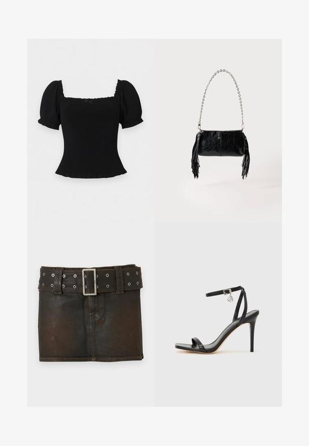Haut noir ajusté avec manches courtes bouffantes, encolure carrée, petit nœud au centre et ourlet à volants.; Mini-jupe en jean noir avec ceinture à boucle en argent dotée de multiples œillets, portée à plat sur un fond clair.; Sandale à talon haut noire avec une bride étroite à la cheville, bout carré, cuir lisse et accent de boucle métallique.; Petit sac à main en cuir noir avec bandoulière chaîne argentée et pompons en cuir noir de chaque côté, sur un fond clair uni.