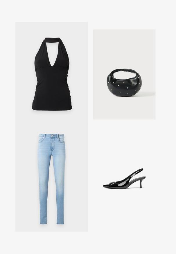 Haut noir à col halter avec un profond décolleté en V et une taille cintrée, sans manches, présenté sur un fond clair uni.; Jean skinny bleu clair avec poches avant, passants de ceinture, fermeture à bouton et à glissière, présenté sur un fond clair uni.; Escarpins slingback en cuir verni noir avec un bout pointu et une finition brillante. Présente un talon fin et un accent arrondi au dessus du pied.; Sac à main en cuir noir de forme arrondie, décoré de clous argentés et équipé d'une poignée courte. Texture lisse et fermeture éclair.