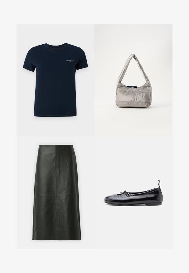 Marineblauwe katoenen t-shirt, ronde hals, korte mouwen, met een klein wit "TOMMY JEANS" logo op de linker borst.; Zwarte leren midi-rok met een rechte snit. Gladde textuur, minimale naden en een nauwsluitende tailleband. Geen zichtbare zakken of extra details.; Zwarte gepoetste leren balletschoenen met een ronde neus, een klein strikje en een gladde textuur; heeft een lage platte zool en een lusje aan de hiel.; Zilveren puffer handtas met een gebogen silhouet, voorzien van een ritsluiting en met het reliëf 'TOMMY JEANS' logo aan de voorkant. Glad, glanzend oppervlak.