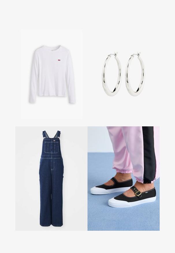 Weißes Langarmhemd aus weicher Baumwolle. Mit kleinem rotem Levi's-Logo auf der linken Brust. Klassisches Rundhals-Design.; Jeans-Overalls in Dunkelblau, mit verstellbaren Trägern, Brusttasche, Seitentaschen und einer lockeren, weiten Passform. Klassische Nähdetails.; Schwarze Leinenschuhe mit einer weißen Sohle, die ein Ausschnittdesign und einen goldenen Schnallenriegel aufweisen. Getragen mit rosa Sporthosen.; Silberne Creolen mit einer glatten, glänzenden Oberfläche. Kreisform, ausgestattet mit einem sicheren Verschluss. Einfaches und elegantes Design.
