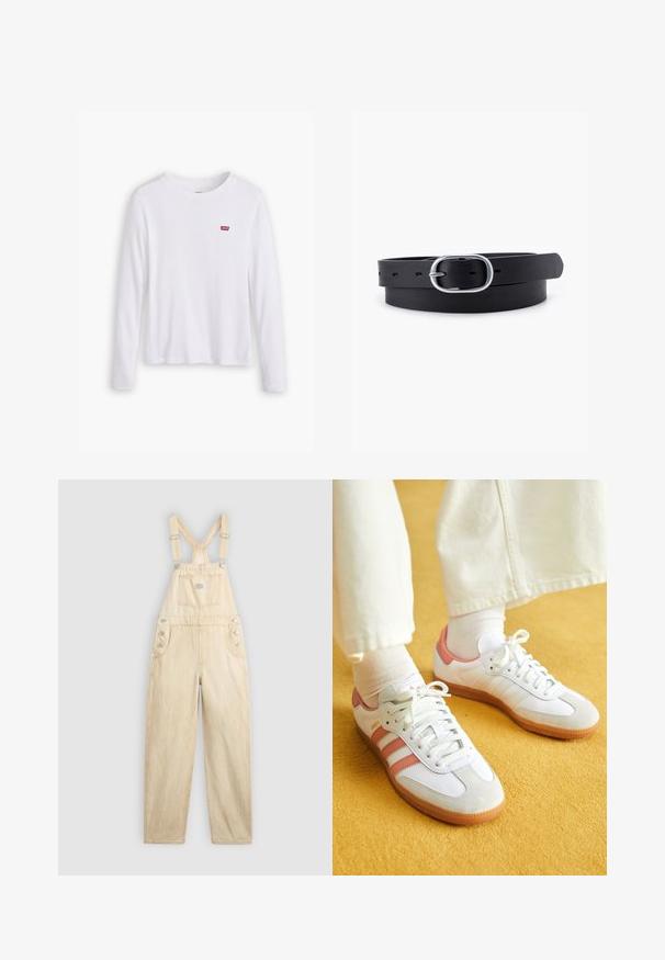 Chemise blanche à manches longues en coton doux. Présente un petit logo rouge Levi's sur la poitrine gauche. Design classique à col rond.; Salopette beige clair en denim, avec une poche carrée, des bretelles réglables, des boutons-pression sur le côté et une coupe large.; Baskets blanches avec des accents roses, en matériaux de daim et de cuir, à bout rond et semelle en caoutchouc, présentées avec des chaussettes claires sur un fond jaune.; Ceinture en cuir noir au toucher lisse, boucle en métal argenté de forme ovale et plusieurs trous d'ajustement le long de la sangle. Design plat et minimal.