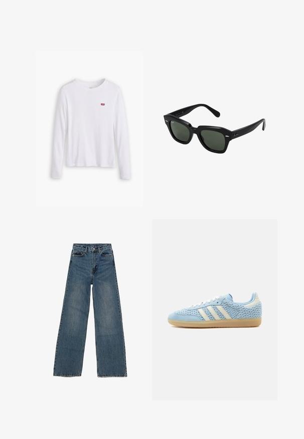 Hvid langærmet skjorte lavet af blødt bomuld. Har et lille rødt Levi's logo på venstre bryst. Klassisk crew neck design.; Blå denim brede ben jeans med høj talje, fem lommer og kontraststing. Udsivninger og mindre slid synlige på stoffet.; Lav sko med lys blå vævet overdel, hvide striber, hvide snørebånd, lys blå ruskindstrop og sål af gumgummi.; Sorte firkantede solbriller med mørkegrønne linser, der har kraftige stel og sølvdetaljer på siderne. Fremstillet i Italien.