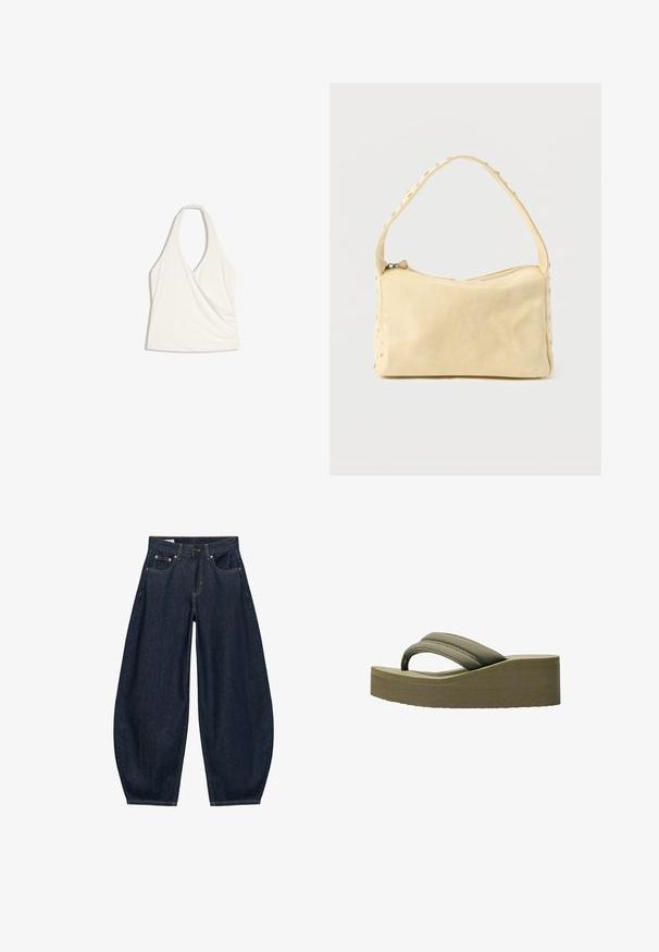 Hvid ærmeløs haltertop med dybt V-udskæring og draperet forside, lagt fladt på hvid baggrund.; Mørkeblå vidde jeans med frontlommer, bæltestropper og knaplukning i taljen.; Olivegrønne platform flip-flops med en bred rem og tekstureret sål, der har en glat overflade og et buet design for komfort.; Lille beige læderhåndtaske med en enkelt rem og sølvnitter langs kanterne og remmen, sat mod en ensfarvet baggrund.