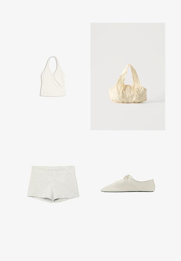 Haut blanc sans manches à col halter avec un décolleté en V profond et un design drapé à l'avant, posé à plat sur un fond blanc.; Shorts gris clair taille haute ajustés avec une texture lisse, sans motifs ni logos visibles.; Chaussure plate blanche en cuir minimaliste à bout pointu, lacets à l'avant et semelle noire vue de profil sur fond blanc.; Sac à main en tissu texturé couleur crème avec des anses sur le dessus et un petit nœud noué au centre devant.