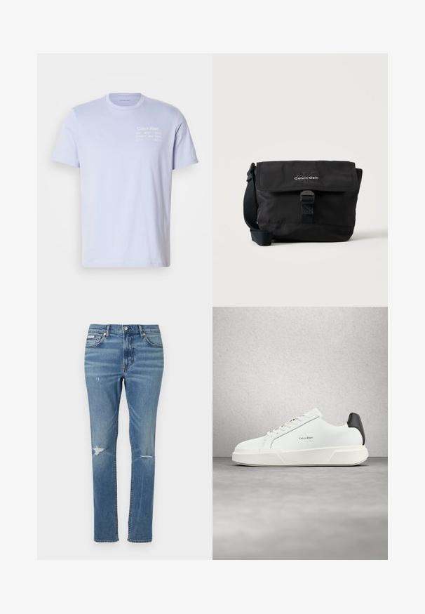 Svetlomodré bavlnené tričko s okrúhlym výstrihom. Na prednej strane je biele písmo: "Calvin Klein 205 WEST 39TH STREET NEW YORK CITY 10018." Krátke rukávy.; Svetlo modré denimové džínsy so strihom rovného nohavicu, obsahujúce obnošené detaily na kolenách a klasické pät pockets.; Biele tenisky s hladkým koženým zvrškom, plochými šnúrkami a vyvýšenou bielou podrážkou. Sú doplnené čiernym akcentom na päte a vyrazeným logom.; Čierna kabelka na rameno Calvin Klein s predným prachom, zapínaním na sponu a nastaviteľným popruhom na bielom pozadí.