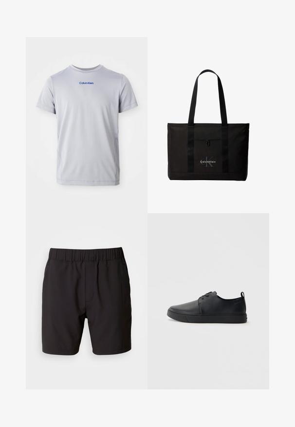 Hellgraues T-Shirt mit kurzen Ärmeln aus strukturiertem Stoff, mit einem blauen "Calvin Klein"-Logo über der Brust. Rundhalsausschnitt, reguläre Passform.; Schwarze Shorts aus elastischem Stoff mit einem elastischen Bund, Seitentaschen und einem schlichten, klaren Design. Keine Muster oder Verzierungen.; Schwarze Leder-Sneaker mit glatter Oberfläche, abgerundeter Zehenpartie, gleichfarbiger Nähte, schnürbarem Vorderteil und flacher Gummisohle. Schlaufe an der Ferse.; Schwarze Calvin Klein Tote-Tasche mit zwei langen Griffen und Fronttasche, mit dem Markenlogo in Weiß und Grau.