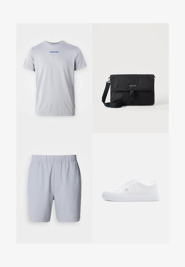Lys grå kortærmet t-shirt lavet af tekstureret stof, med et blåt "Calvin Klein" logo tværs over brystet. Rund halsudskæring, normal pasform.; Lysegrå badebukser med elastisk talje, to sidelommer og et glat, letvægtsstof. Ingen synlige mønstre eller udsmykninger.; Hvid lavtsiddende sneaker med struktureret stof, snørelukning, flad sål og subtilt "cK"-logo på sidepanelet.; Sort Calvin Klein messenger-taske med justerbar skulderrem og frontklap sikret med spænde, vist mod en ensfarvet baggrund.