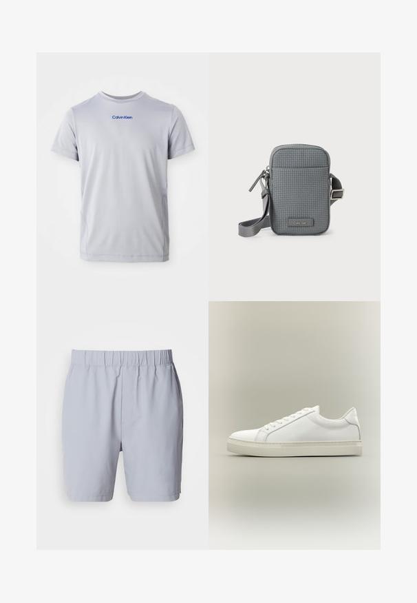 Lys grå kortærmet t-shirt lavet af tekstureret stof, med et blåt "Calvin Klein" logo tværs over brystet. Rund halsudskæring, normal pasform.; Lysegrå badebukser med elastisk talje, to sidelommer og et glat, letvægtsstof. Ingen synlige mønstre eller udsmykninger.; Hvid lavtop sneaker med snørebånd foran og tyk sål, vist fra siden mod en neutral baggrund.; Lille grå crossover-taske med vævet tekstur, lynlåslukning, justerbar rem og "Calvin Klein"-logo på frontlommen.