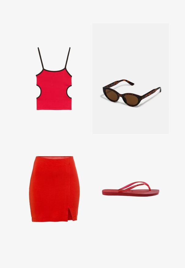 Rød cropped tanktop med tynde sorte stropper og sort trim, med afrundede udskårne sider.; Rød strikket nederdel med en tætsiddende pasform, der har en sideslids og en kant, der sidder lige over midt-lår. Glat tekstur, enkel konstruktion.; Rød gummi flip-flop med tekstureret sål og slanke, blanke remme mod en hvid baggrund.; Brune skildpadde solbriller med en vintage katteøje-form og brune linser. Har buede arme med røde detaljer.