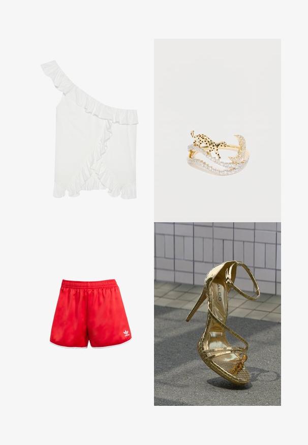 Biela blúzka s off-shoulder dizajnom, s volánmi pozdĺž výstrihu a lemu, vyrobená z hladkej, ľahkej tkaniny.; Červené športové šortky s elastickým pásom, biely lem na spodnom okraji a jemným leskom. Obsahujú logo Adidas v bielej farbe na dolnej ľavej strane.; Zlatá sandála na vysokom podpätku s lesklým lakovaným povrchom, prekríženými remienkami, špicatou špičkou a ihličkovým podpätkom; textúrovaný, reliéfny povrchový detail.; Prsteň so zlatým tónom s dizajnom čierneho škvrnitého mačky, prepletený s dvoma vlnitými pásmi zdobenými čistými kryštálmi. Súčasťou je aj mesačný akcent.