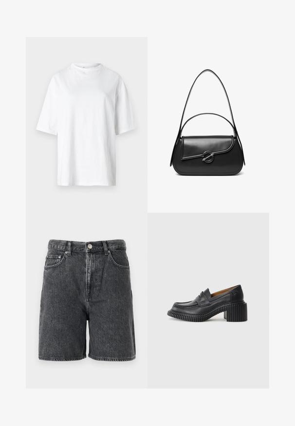 Hvid bomulds t-shirt med rund halsudskæring, korte ærmer og en løs pasform. Stoffet ser glat og let ud.; Sortvasket denim shorts med bæltestropper, frontknap, lynlås-lukning og klassisk fem-lomme design.; Sorte læderloafers med en tyk, rillede gummihæl. Har en rund tå og et vandret rem over vamps. Tekstureret sål.; Sort skuldertaske i læder med en buet klap, der er fastgjort med en rund metal spænde, og en slank, justerbar rem.