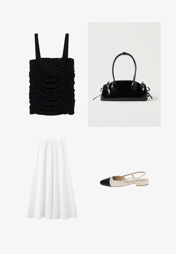 Haut noir avec bretelles ajustables, présentant une texture froncée et un motif de pois en relief. Tissu doux avec une coupe ajustée.; Longue jupe blanche avec une taille élastique et un tissu fluide s'étendant jusqu'à l'ourlet.; Chaussures plates à bride arrière bicolores en cuir beige et noir. Dotées d'un bout pointu et d'une fine sangle avec une boucle. Petit talon carré.; Petit sac à main noir brillant avec deux longues anses et des détails à cordon sur les côtés sur un fond clair uni.