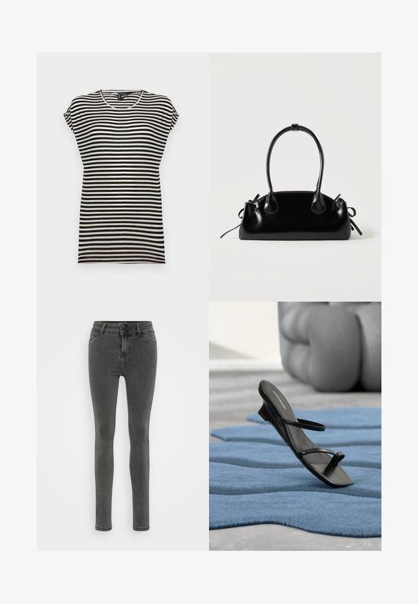Schwarz-weißer gestreifter Kurzarm-T-Shirt mit Rundhalsausschnitt, lockerer Passform und weichem Baumwollstoff.; Schmale graue Jeans aus Denim, mit hoher Taille, Zwei-Knopf-Verschluss und minimalen Nähten für ein elegantes Erscheinungsbild.; Schwarze Riemchensandale mit Zehenring, auf einem blau strukturierten Teppich präsentiert, mit einem großen grauen Dekorationsobjekt unscharf im Hintergrund.; Kleine schwarze glänzende Handtasche mit zwei langen Griffen und seitlichen Kordelzug-Details vor einfachem hellem Hintergrund.