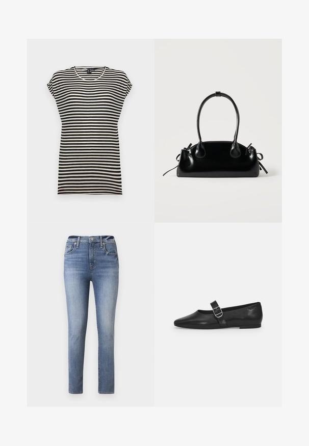 T-shirt à manches courtes noir et blanc à rayures, avec un col rond, une coupe décontractée et une texture de tissu en coton doux.; Jean taille haute bleu clair avec une coupe slim, dotée de cinq poches et d'une fermeture éclair, fabriquée en denim avec une texture lisse.; Chaussure plate en cuir noir avec un bout arrondi, une seule sangle réglable à boucle et une texture lisse et brillante. Design minimaliste avec un petit talon.; Petit sac à main noir brillant avec deux longues anses et des détails à cordon sur les côtés sur un fond clair uni.