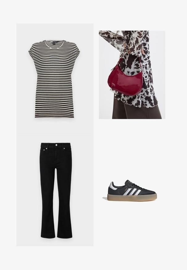 Camiseta de manga corta a rayas blancas y negras, con un cuello redondo, un corte relajado y una textura de tela de algodón suave.; Jeans de mezclilla negra acampanados con cintura ajustada, diseño de cinco bolsillos y detalles en metal plateado, con una textura suave y longitud estándar.; Zapatilla deportiva de cuero negro con tres rayas plateadas, punta texturizada y suela de goma. Cuenta con un collar acolchado y un diseño con cordones.; Mujer con blusa de estampado en blanco y negro sosteniendo un bolso de hombro rojo brillante sobre un fondo liso.
