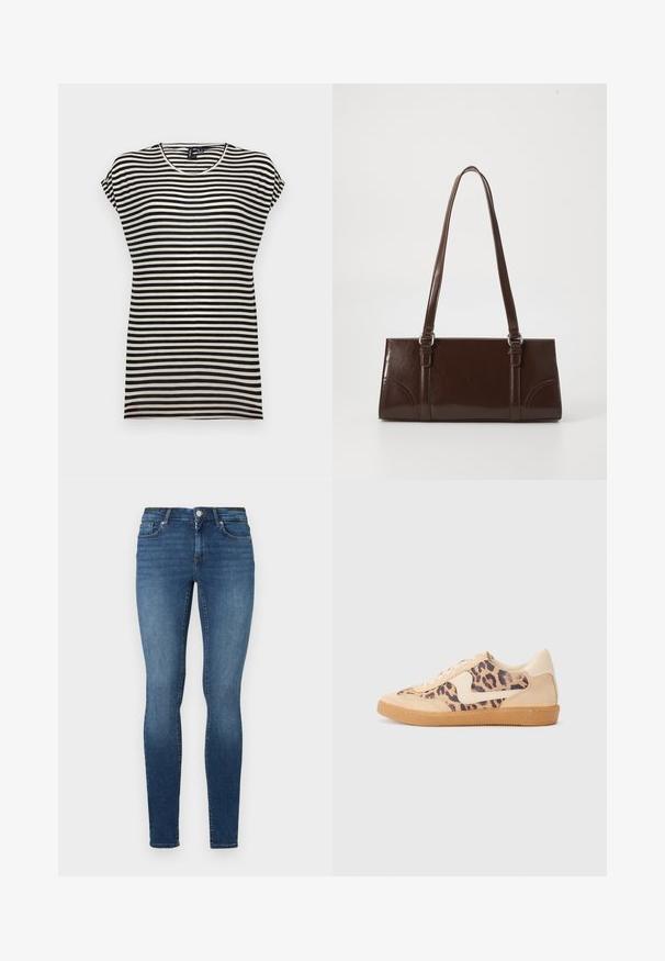 Sort-hvid stribet kortærmet t-shirt med rund halsudskæring, afslappet pasform og blødt bomuldsstof.; Tætsiddende jeans i mørkeblå denim med fem lommer, en frontknap og lynlås. Stoffet har en glat tekstur med let falmning.; Leopardprint sneakers med beige ruskindsoverdel, tan gummisål og hvide detaljer. Rund pegefinger og snørebåndsdesign med en tekstureret finish.; Brun lakeret håndtaske med rektangulær form, to lange håndtag og subtile buede detaljer på fronten.