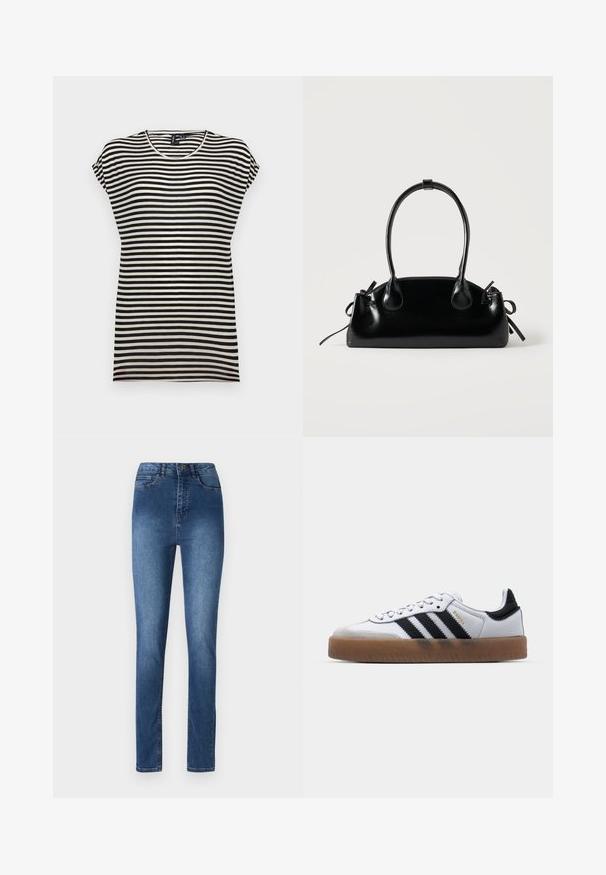 Sort-hvid stribet kortærmet t-shirt med rund halsudskæring, afslappet pasform og blødt bomuldsstof.; Blå denim jeans med slim fit, der har en mellemhøj talje, fem lommer og diskrete syninger. Glat tekstur og klassisk design.; Hvide lædersneakers med sorte striber, gummirubber sål, rund tå, snørelukning og blød grå ruskinds tåhætte.; Lille sort blank håndtaske med to lange håndtag og snøre-detaljer i siden på en ensfarvet lys baggrund.