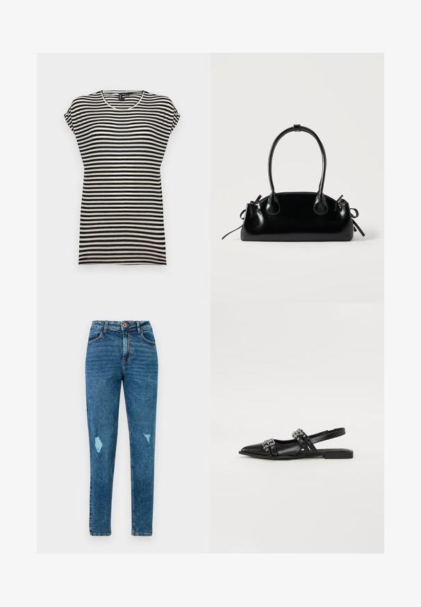 Sort-hvid stribet kortærmet t-shirt med rund halsudskæring, afslappet pasform og blødt bomuldsstof.; Blå højtaljede skinny jeans med slidte detaljer på lår og lommer, med knap- og lynlås-lukning.; Even&Odd Slingback-ballerinasko - black; Lille sort blank håndtaske med to lange håndtag og snøre-detaljer i siden på en ensfarvet lys baggrund.