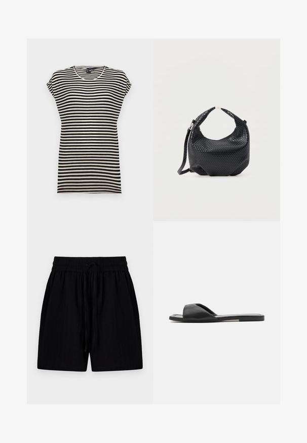 T-shirt à manches courtes noir et blanc à rayures, avec un col rond, une coupe décontractée et une texture de tissu en coton doux.; Shorts noirs en tissu léger avec une ceinture à cordon de serrage, comportant des poches latérales et une surface texturée.; Des sandales en slide noires présentent un matériau synthétique lisse, un design ouvert à l'avant et une semelle plate avec une bande d'accent minimaliste sur le côté.; Sac à main en cuir tressé noir avec poignée courte et bandoulière amovible, présenté sur un fond clair uni.