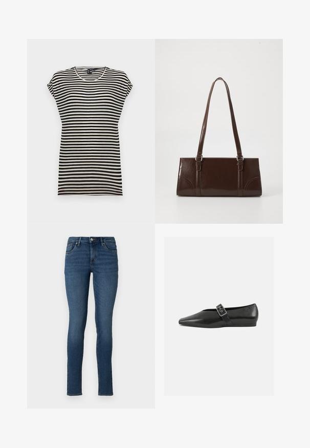 Sort-hvid stribet kortærmet t-shirt med rund halsudskæring, afslappet pasform og blødt bomuldsstof.; Slanke blå jeans lavet af denim med en mellemhøj talje, fem lommer og en falmet vask, med standard syninger og lynlås lukning.; Sorte læder flade sko med spidse tæer, prydet med en metallisk spænde over vristen og en lav, fleksibel sål.; Brun lakeret håndtaske med rektangulær form, to lange håndtag og subtile buede detaljer på fronten.