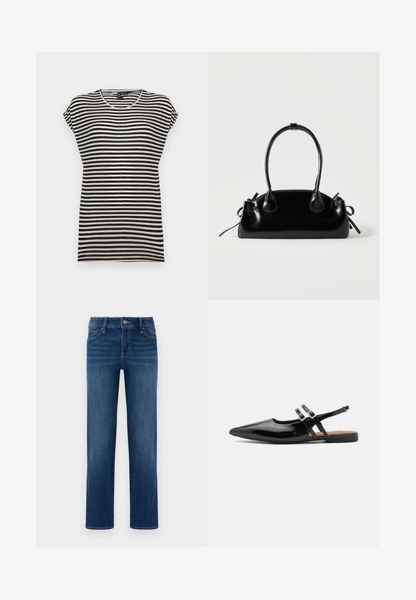 T-shirt à manches courtes noir et blanc à rayures, avec un col rond, une coupe décontractée et une texture de tissu en coton doux.; Jeans en denim bleu, design à jambe droite, lavage moyen, cinq poches, fermeture à bouton et à fermeture éclair, couture visible, texture lisse.; Des chaussures slingbacks en cuir verni noir présentent un bout pointu, deux sangles avec des accents de boucle, et une semelle plate.; Petit sac à main noir brillant avec deux longues anses et des détails à cordon sur les côtés sur un fond clair uni.