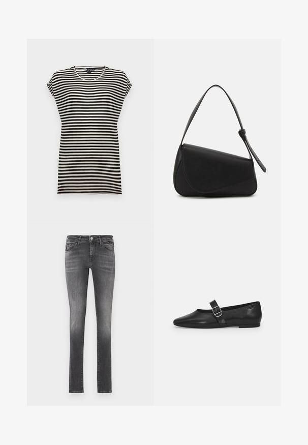 Sort-hvid stribet kortærmet t-shirt med rund halsudskæring, afslappet pasform og blødt bomuldsstof.; Mørkegrå slim-fit jeans med en slidt finish, lavet af denim, der har fem lommer og en klassisk lynlås med metalknaplukning.; Sorte læder flade sko med rund tå, et enkelt justerbart spænde og en glat, blank overflade. Minimalistisk design med en lav hæl.; Sort læderhåndtaske med en triangular form, skrå klap og et rundt håndtag. Har en glat overflade og minimalistiske design detaljer.