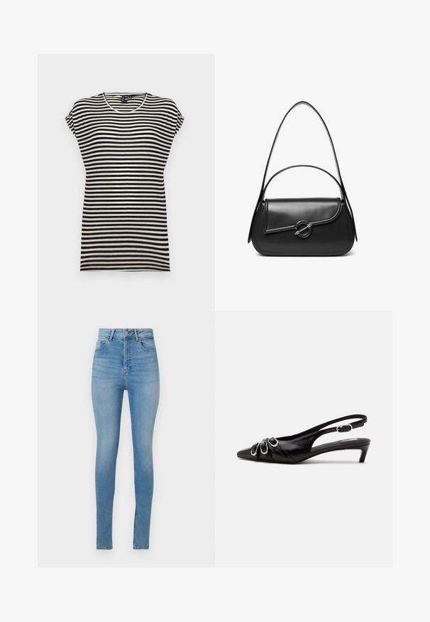 T-shirt à manches courtes noir et blanc à rayures, avec un col rond, une coupe décontractée et une texture de tissu en coton doux.; Jeans skinny taille haute en denim bleu clair. Comprend des passants de ceinture, une fermeture à bouton sur le devant et un design standard à quatre poches.; Chaussure slingback en cuir noir avec bout pointu, trois boucles argentées à l'avant et petit talon kitten sur fond blanc.; Sac à bandoulière en cuir noir avec un rabat incurvé fermé par un fermoir métallique rond et une sangle fine et ajustable.