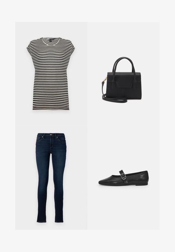 Sort-hvid stribet kortærmet t-shirt med rund halsudskæring, afslappet pasform og blødt bomuldsstof.; TOM TAILOR DENIM TTJONA SKINNY FIT - Jeans Skinny Fit - used dark stone blue denim; Sorte læder flade sko med rund tå, et enkelt justerbart spænde og en glat, blank overflade. Minimalistisk design med en lav hæl.; Sort struktureret håndtaske lavet af læder med et topgreb, aftagelig skulderrem og detalje med frontklap. Guldhardware accenter.