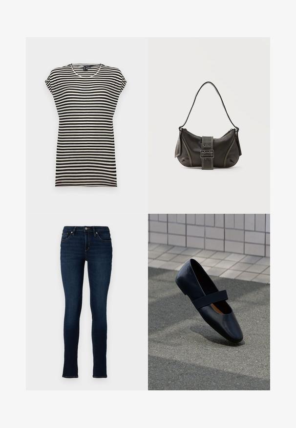 Zwart-witte gestreepte t-shirt met korte mouwen, voorzien van een ronde halslijn, een ontspannen pasvorm en een zachte katoenen textuur.; TOM TAILOR DENIM TTJONA SKINNY FIT - Jeans Skinny Fit - used dark stone blue denim; Zwarte leren platte schoen met een ronde neus, voorzien van een zachte zwarte elastische band over de wreef. Gladde textuur en minimalistisch ontwerp.; Zwarte leren schoudertas met gespsluiting aan de riem, afgeronde hoeken en contrasterende witte stiksels op een effen achtergrond.
