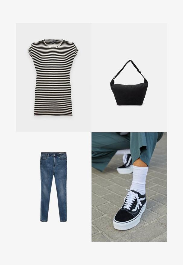 Čierno-biely pruhovaný krátky rukáv tričko s okrúhlym výstrihom, voľnejšieho strihu a mäkkou bavlnenou tkaninou.; Tmavomodré denim skinny džínsy s stredne vysokým pásom, piatimi vreckami a jemným vyblednutím. Obsahujú zapínanie na gombík a zips.; Čierne semišové tenisky s bielymi akcentmi a šnúrkami, s hrubou bielou podrážkou a kontrastným prešívaním, doplnené o bielu ponožku.; Čierna textilná ramenná taška s mäkkým štruktúrovaným povrchom, zaobleným tvarom a jedným popruhom. Minimalistický dizajn bez viditeľného hardvéru alebo akcentov.