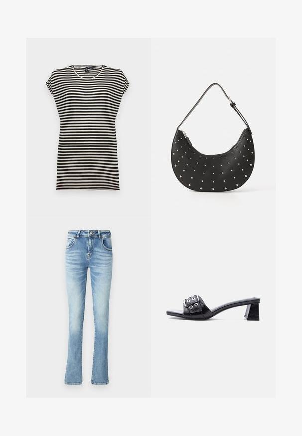 Camiseta de manga corta a rayas blancas y negras, con un cuello redondo, un corte relajado y una textura de tela de algodón suave.; Vaqueros ajustados de mezclilla celeste con un corte acampanado, cintura a media altura, cinco bolsillos, costuras cosidas y un ligero desvanecimiento en los muslos para un efecto de desgaste.; Mule negro de punta abierta con tacón bajo de bloque y una amplia correa que presenta detalles de hebilla plateada y ojales, mostrado desde un lado.; Bolso de mano de cuero negro con forma curva, adornado con tachuelas plateadas, cuenta con cierre de cremallera y una sola correa ajustable.