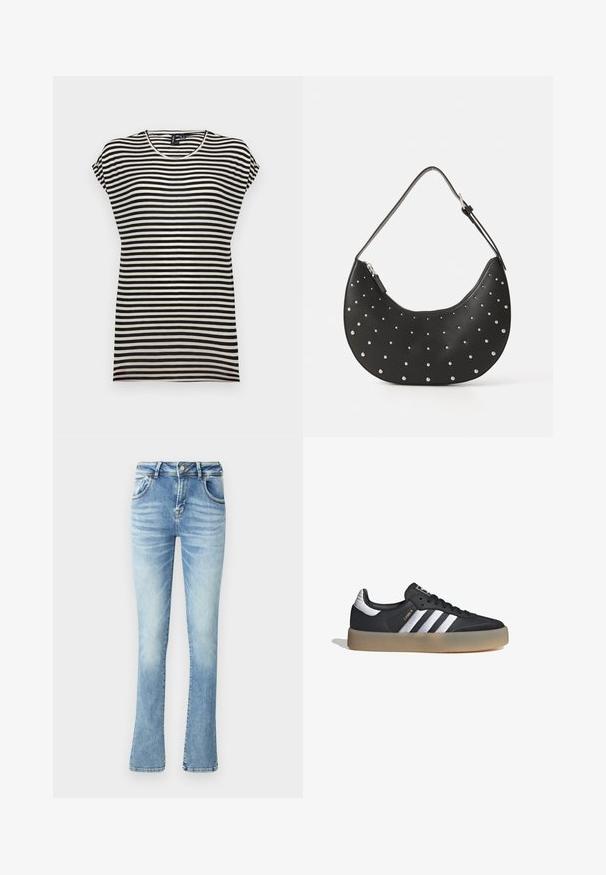 Camiseta de manga corta a rayas blancas y negras, con un cuello redondo, un corte relajado y una textura de tela de algodón suave.; Vaqueros ajustados de mezclilla celeste con un corte acampanado, cintura a media altura, cinco bolsillos, costuras cosidas y un ligero desvanecimiento en los muslos para un efecto de desgaste.; Zapatilla deportiva de cuero negro con tres rayas plateadas, punta texturizada y suela de goma. Cuenta con un collar acolchado y un diseño con cordones.; Bolso de mano de cuero negro con forma curva, adornado con tachuelas plateadas, cuenta con cierre de cremallera y una sola correa ajustable.