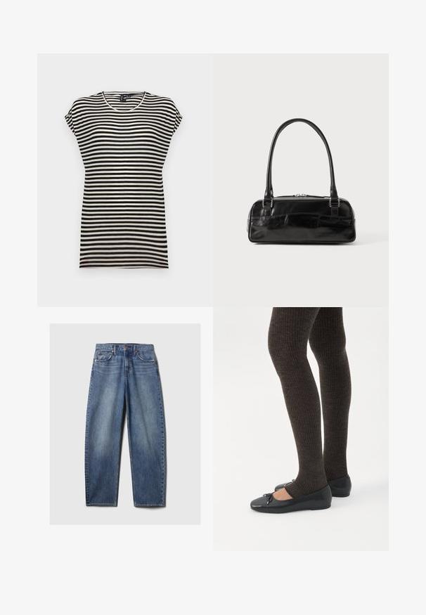 Sort-hvid stribet kortærmet t-shirt med rund halsudskæring, afslappet pasform og blødt bomuldsstof.; Blå denim jeans med en afslappet pasform, der har fem lommer, kobbernitter og en fadet vask. Lige ben med en ren kant.; Ben iført mørke ribbede leggings kombineret med sorte balletsko med små sløjfedetaljer på hvid baggrund.; Sort læderhåndtaske med rektangulær form, der har et enkelt struktureret håndtag, sølvhardware og lynlås-lukning. Glat tekstur.