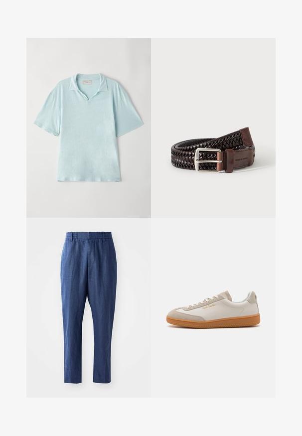Lys blå, kortærmet polo-shirt med krave og en afslappet pasform. Blødt, tekstureret stof med et subtilt melange-mønster.; Marineblå linnedragt med afslappet pasform, elastisk talje og tapered ben. Har en glat tekstur og minimale syninger.; Hvide og beige lavtoppede sneakers med gummisål, hvide snørebånd, detaljer i ruskind og guld "Paul Smith" logo på siden.; Mørkebrun flettet læderbælte med sølv rektangulær spænde og læderlap præget med "Tiger of Sweden" på en hvid baggrund.