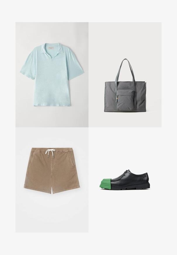 Polo shirt bleu clair à manches courtes avec col et coupe décontractée. Tissu doux et texturé avec un motif chiné subtil.; Shorts en coton marron avec une taille élastique et un cordon de serrage blanc, dotés de deux poches latérales et d'une coupe droite.; Chaussure habillée en cuir noir à lacets, avec un embout en caoutchouc vert épais distinctif et une semelle noire épaisse.; Sac fourre-tout rectangulaire gris avec deux poignées supérieures et une poche zippée à l'avant, présenté sur un fond blanc.