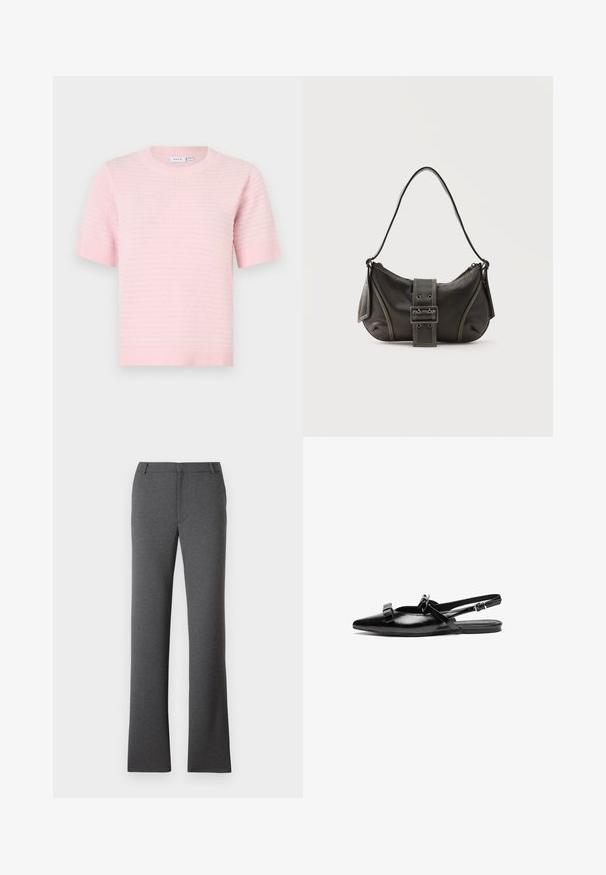 Lyserød strikket top med korte ærmer, rund halsudskæring og ribbet kant. Har et tekstureret mønster over hele stoffet.; Grå bukser med en lige ben-design. Fremstillet af et struktureret stof, med flad front og bæltesløjfer. Ingen synlige mønstre eller hårdvarer.; Sort læderslingback flad sko med spids tå, prydet med volangdetaljer på bæltet og justerbar ankelrem. Glat overfladetextur.; Sort læder skuldertaske med spænde på remmen, afrundede kanter og kontrasterende hvide syninger på en ensfarvet baggrund.