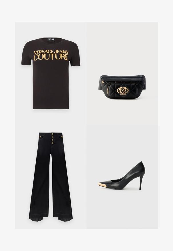 Camiseta negra de manga corta con "Versace Jeans Couture" en grandes letras doradas en el pecho, cuello redondo y etiqueta de tela en el interior.; Pantalones negros de talle alto y corte ancho con cinco botones dorados y detalles plisados en el interior del dobladillo.; Zapato de tacón alto de cuero negro con puntera afilada; presenta un detalle metálico dorado en la tapa del tacón. Superficie lisa con un diseño elegante.; Riñonera de cuero negro acolchada con placa dorada del logo Love Moschino y bolsillo frontal con cremallera sobre fondo blanco.