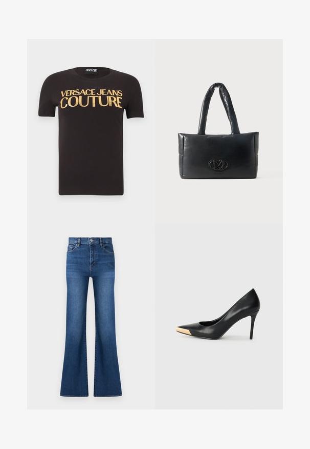 T-shirt noir à manches courtes avec "Versace Jeans Couture" en grandes lettres dorées sur la poitrine, col rond et étiquette en tissu à l'intérieur.; Jean en denim bleu taille haute avec fermeture à boutons, poches avant, et jambes larges légèrement évasées sur fond blanc.; Pompe à talon haut en cuir noir avec bout pointu ; présente une accentuation métallique dorée sur le capuchon. Surface lisse avec un design épuré.; Sac à main rembourré rectangulaire noir avec deux poignées rembourrées et un logo embossé central sur le panneau avant.