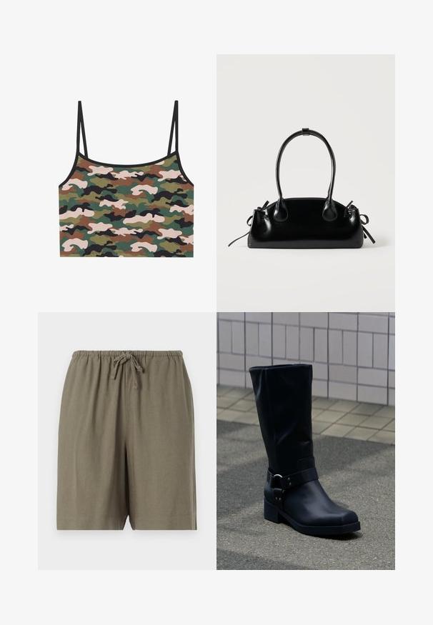 Tarnfarbenes Crop-Top mit grün, braun und pinken Mustern. Hergestellt aus weichem Stoff mit dünnen verstellbaren Trägern und einem schwarzen Saum.; Khaki-Shorts aus leichtem Stoff. Mit elastischem Bund und Kordelzug sowie einer komfortablen Passform. Schlichtes, einfarbiges Design.; Schwarzer Lederstiefel bis zur Mitte der Wade mit niedrigem Blockabsatz und dekorativem Riemen mit Metallschnalle um den Knöchel, auf einem gefliesten Gehweg.; Kleine schwarze glänzende Handtasche mit zwei langen Griffen und seitlichen Kordelzug-Details vor einfachem hellem Hintergrund.
