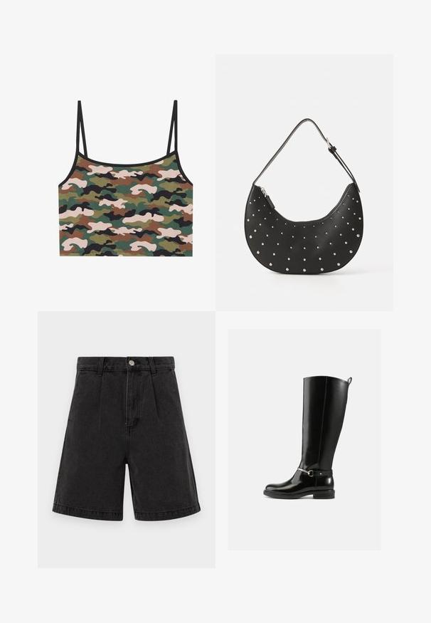Camo crop top met groene, bruine en roze patronen. Gemaakt van zachte stof met dunne verstelbare bandjes en een zwarte rand.; Zwarte denim shorts met een hoge taille, geplooide voorkant en omgeslagen zoom. Voorzien van een metalen knoop en rits sluiting. Egaal textuur.; Zwarte kniehoge laarzen van glanzend leer, met een zilveren gespdetail op de enkel en een afgeronde neus. Platte zool.; Zwarte leren handtas met een gebogen vorm, versierd met zilveren studs, voorzien van een ritssluiting en een enkele verstelbare schouderband.