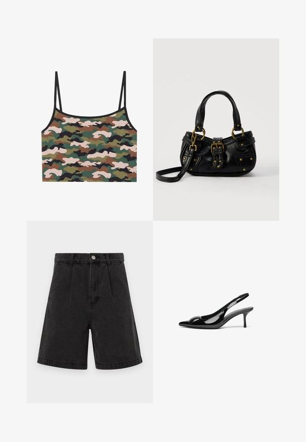 Camo crop top met groene, bruine en roze patronen. Gemaakt van zachte stof met dunne verstelbare bandjes en een zwarte rand.; Zwarte denim shorts met een hoge taille, geplooide voorkant en omgeslagen zoom. Voorzien van een metalen knoop en rits sluiting. Egaal textuur.; Zwarte gepatineerde leren slingback hakken met een puntige neus en een glanzende afwerking. Heeft een slanke hak en een ronde accent op de bovenkant.; Zwarte leren handtas met gouden gesp en klinknagel details, korte handvatten en een verstelbare schouderriem op een effen witte achtergrond.
