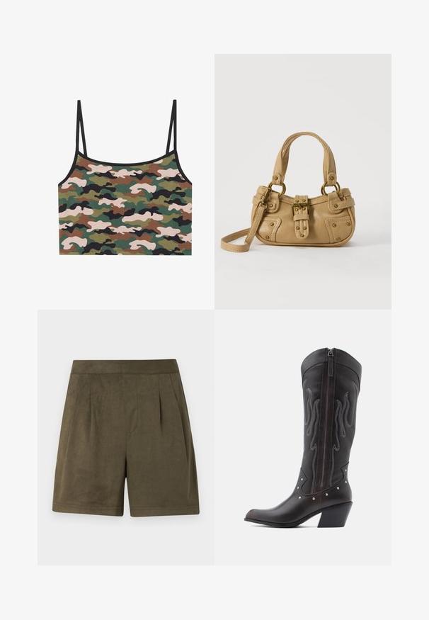 Tarnfarbenes Crop-Top mit grün, braun und pinken Mustern. Hergestellt aus weichem Stoff mit dünnen verstellbaren Trägern und einem schwarzen Saum.; Dunkelolivgrüne Shorts aus einem weichen, samtähnlichen Material, mit einem plissierten Design, mittellanger Schnittführung und einem sauberen, strukturierten Bund.; Braune Cowboy-Stiefel aus Leder mit Flammenstickerei, seitlichem Reißverschluss, silbernen Nieten, spitzer Zehenpartie und geschichtetem Absatz.; Beige Lederhandtasche mit doppelten Griffen, Messingschnalle und Nieten, sowie verstellbarem Schultergurt vor weißem Hintergrund.