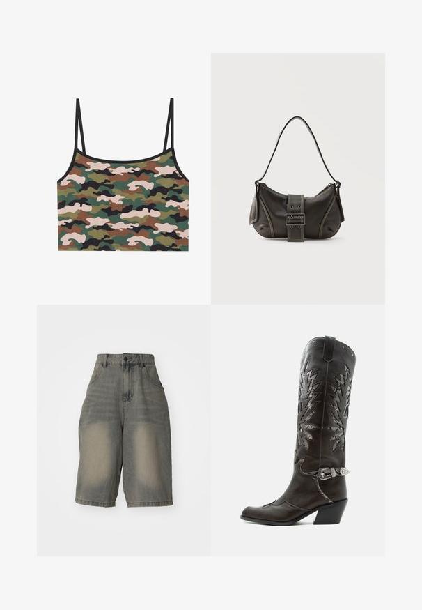 Camouflage crop top med grønne, brune og lyserøde mønstre. Lavet af blødt stof med tynde justerbare stropper og en sort kant.; Jaded London LIGHT WASH JUMBO JORTS - Denimshorts - light wash; Sort læder cowboystøvle med dekorative udskæringer, sølvspænde og skrå hæl, vist på hvid baggrund.; Sort læder skuldertaske med spænde på remmen, afrundede kanter og kontrasterende hvide syninger på en ensfarvet baggrund.