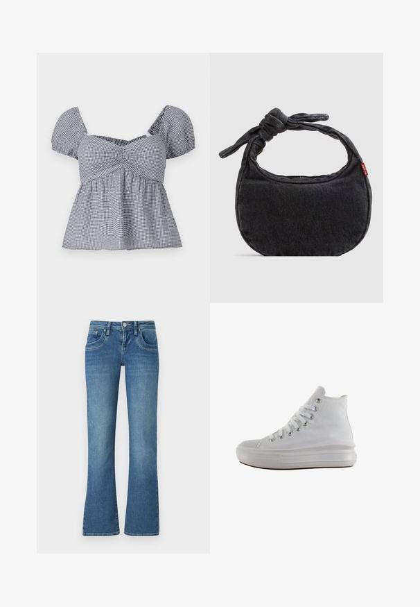 Hollister Co. CROSS BACK - Topp - white; Heledad sinised flared teksad, millel on viis taskut, kontrastne õmblemine ja nupuga kinni pandav vöökoht.; Valged kõrged teksakingad valgete paelte, metallist aukudega, paksu kummist tallaga ja tekstureeritud varbaküljega, suunatud vasakule valgel taustal.; Väike must teksariidest õlakott sõlmitud rihma ja tõmblukuga sulgemisega, mille küljes on punane Levi's kangast silt.