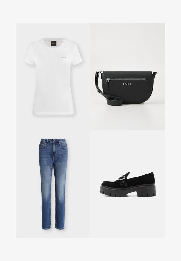 Wit T-shirt met korte mouwen en ronde hals, met een klein gouden "BOSS"-logo op de linkerborst en een zwart label met oranje "BOSS"-tekst aan de binnenkant van de kraag.; Midblauwe jeans met hoge taille en rechte pijpen, voorzakken, ceintuurlussen, knoopsluiting en subtiele vervaagde details op dijen en knieën.; Zwarte suède loafer met stevige profielzool, zilveren gespsluiting en geperst "HUGO" op de zijriem, weergegeven vanaf de buitenkant.; Zwarte leren schoudertas met een ronde vorm, zilveren ritszak en een merkembleem. Beschikt over een verstelbare schouderband voor veelzijdigheid.
