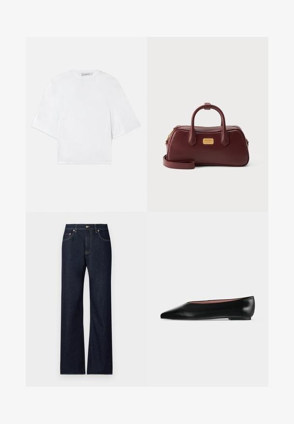 Chemise blanche à manches courtes avec coupe ample, manches larges et décolleté rond, étiquetée Viktor&Rolf à l'intérieur du col.; Jean en denim bleu foncé avec une coupe droite, comprenant cinq poches, des coutures jaunes contrastées et une fermeture à bouton en métal.; Chaussure plate en cuir noir pour femme, avec bout pointu et petit talon, vue de côté sur un fond gris clair uni.; Sac à main en cuir rouge foncé avec deux poignées, une bandoulière détachable, une fermeture éclair dorée et une petite plaque de marque dorée sur le devant.